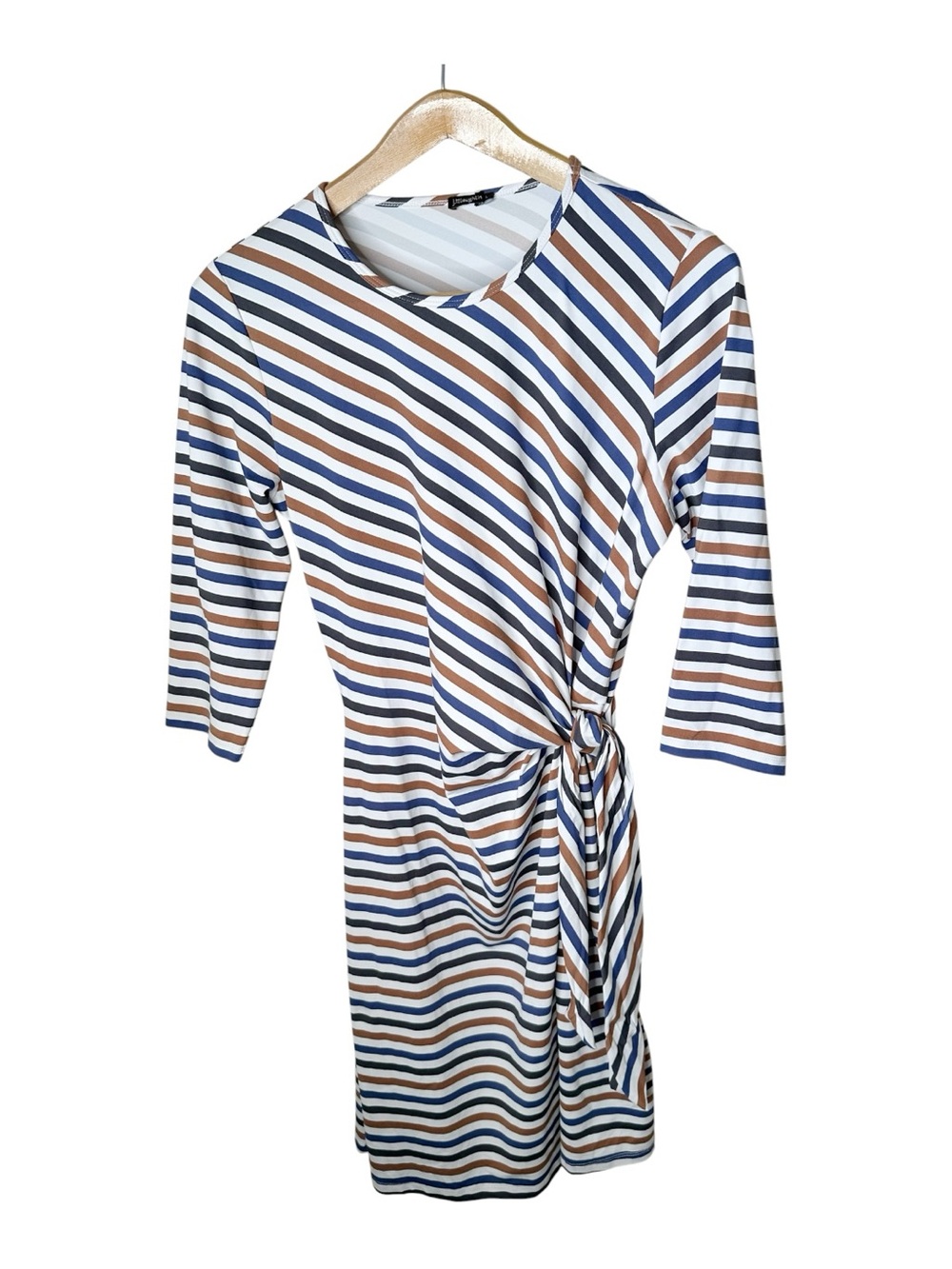J. McLaughlin Elora Dress Size Large Catalina Cloth Side Tie Brown Blue Striped - Picture 2 of 9